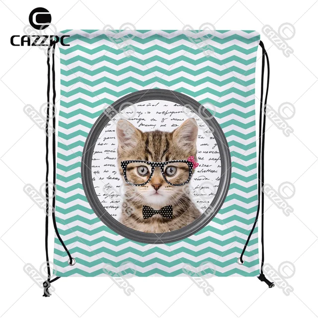 1179 Mignon Chat Noir Lunettes Blanc Dot Aigue Marine Chevron Imprimer Individuels Nylon Tissu Cordon Chaussures Sac à Poussière De Stockage Pack
