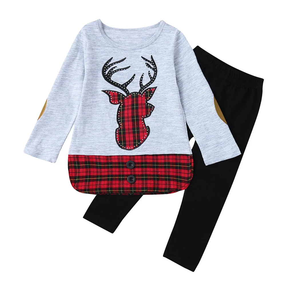 Одежда для малышей; рождественские топы в клетку с вышивкой оленя для маленьких девочек; штаны; Одежда для девочек; комплект одежды; детская одежда; Ropa De Nina