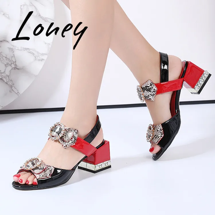 

Loney New Genuine Leather Snakeskin Bowtie Summer Sandals Open Toe Crystal Heel HIgh Heel Sandals Shoes Women
