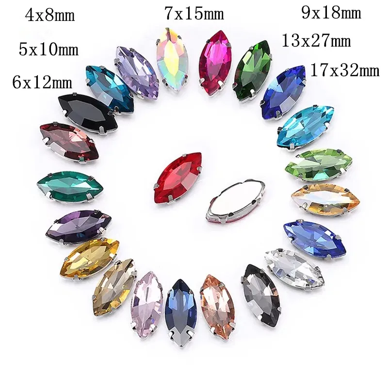 

Glass Rhinestones Horse Eye/ Leaf Shape Diamond With Claw Sew On Strass Metal Base Buckle Crystal Stone Beads For Clothes