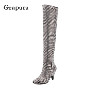 

Women Winter Boots Over The Knee Boots High Heels Shoes Woman Bling Pointed Toe Silver Boots Plus Size Thigh High Boots Grapara