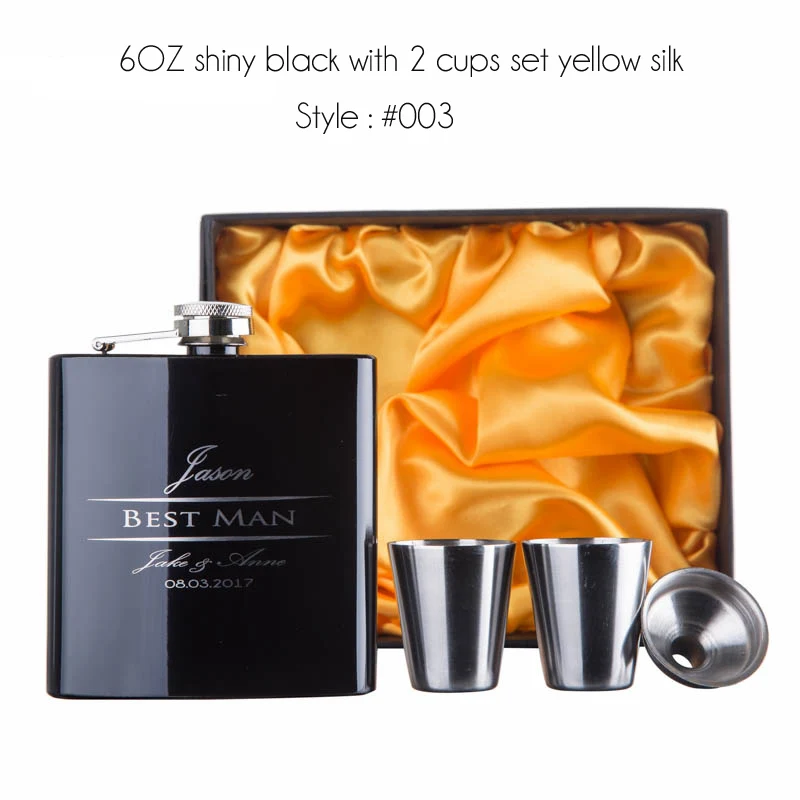 6 oz personalized portable stainless steel hip flask set with two cups and one funnel in black gift box 