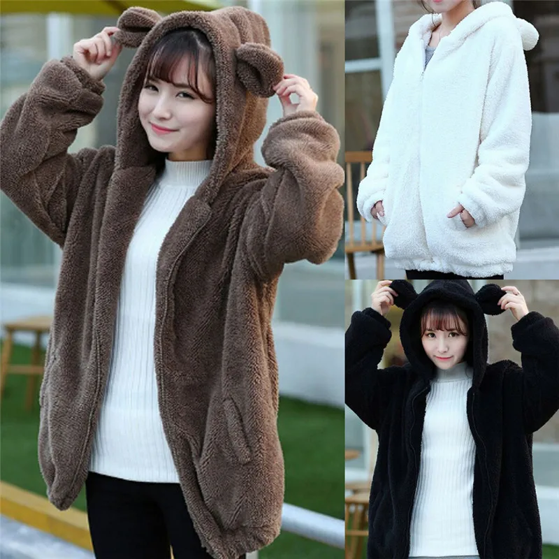 Winter Loose Women Hoodies Zipper Girl Fluffy Bear Ear Hoodie Hooded