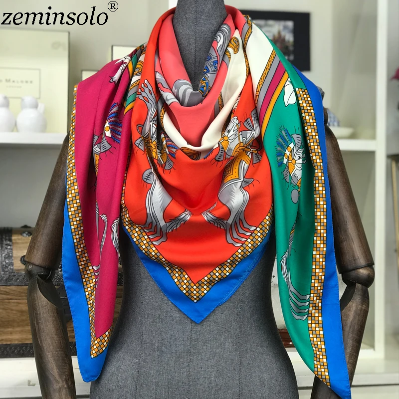 Шелковый шарф для женщин, роскошный бренд, хиджаб, квадратные шарфы, модные набивные шарфы, цветные большие пончо, шаль и накидки, 130*130 см