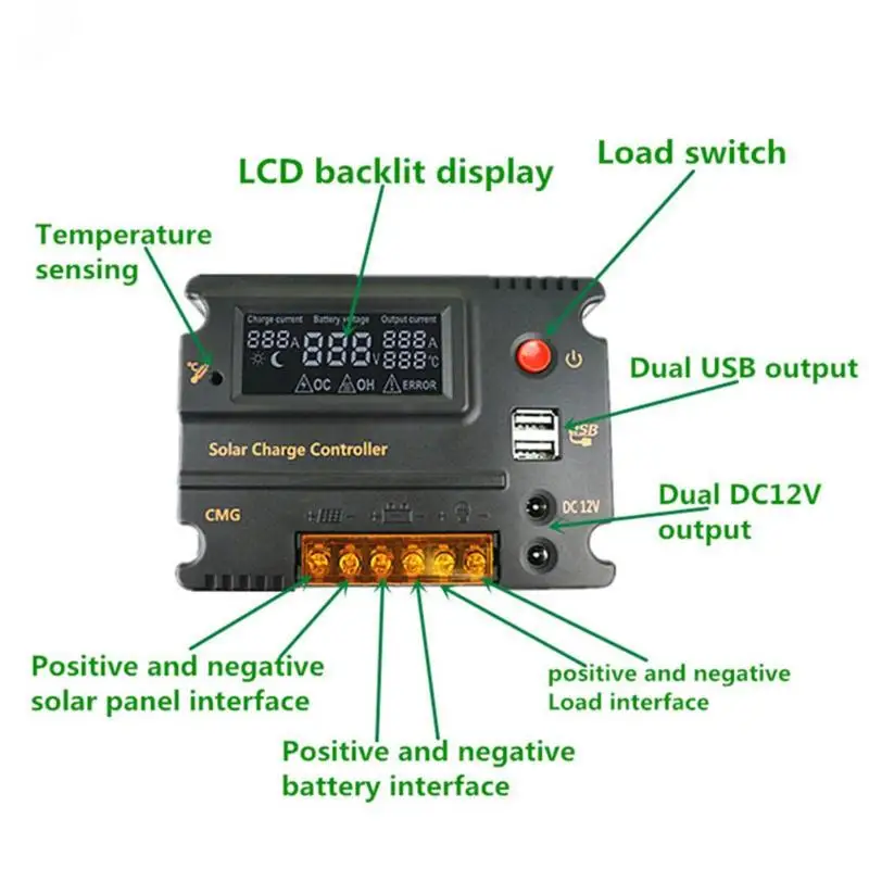 10A 12V/24V LCD Display Solar Controller PWM Solar Panel Automatic Regulator Automatic Identification of Lead-Acid Battery