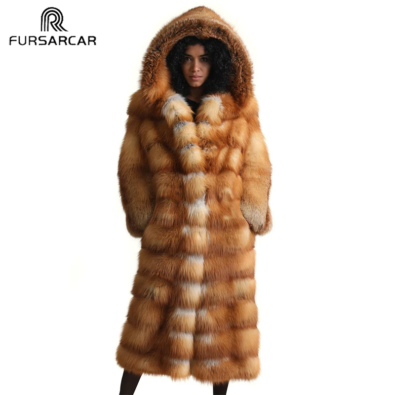 Женская меховая куртка FURSARCAR длинная теплая с капюшоном из натурального красного