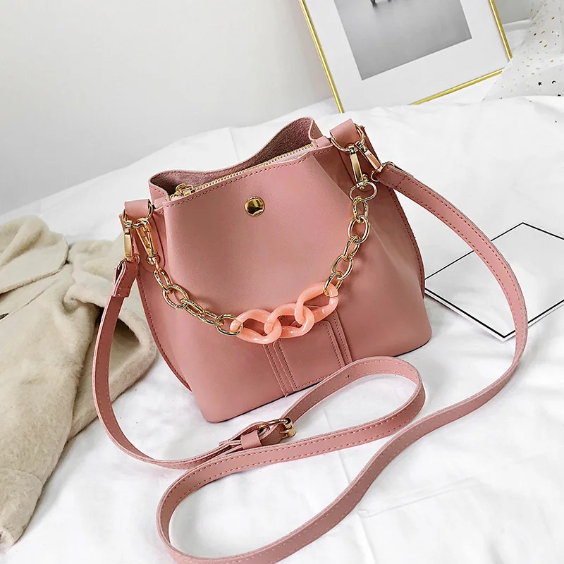 

Crossbody Single Shoulder Bag Women PU Bucket Bag with Golden Chain Strap LT88
