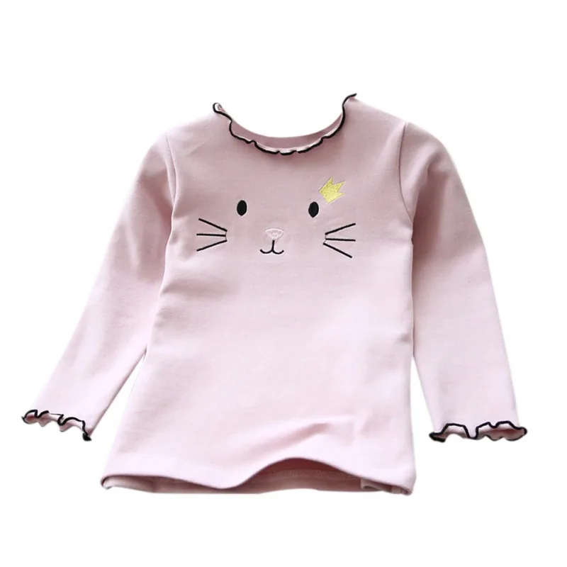 Осенняя футболка с длинными рукавами детская одежда для девочек детские модные Универсальные футболки кошка вышивка школьников \ Топы От 3