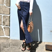 Модные эластичные длинные макси джинсы плюс Размеры XS-XL Русалка Стиль; сезон лето; Каблук-однобортная юбка для Для женщин