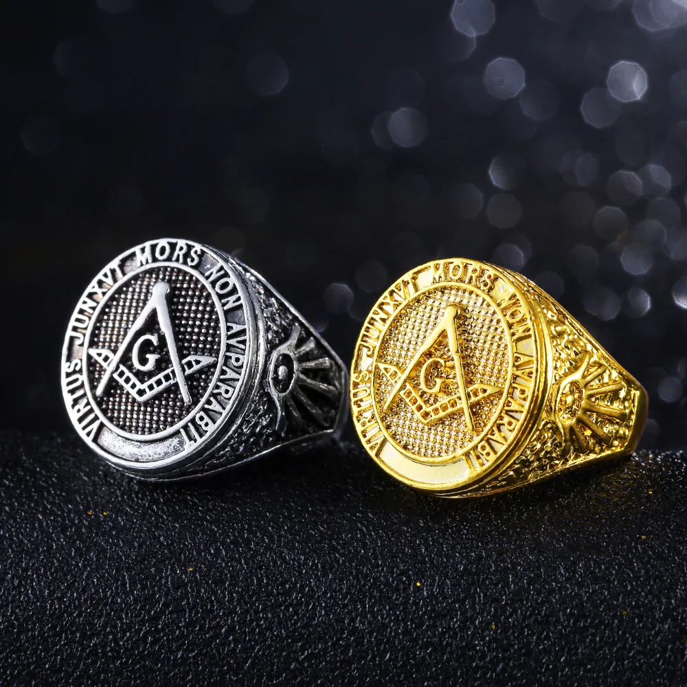 

Size 7-10 Hip Hop Masonic Male Finger Rings Exquisite Fashion Tend Gold/Silver Mens Signet Ring Anillos Jewelry Drop Shipping
