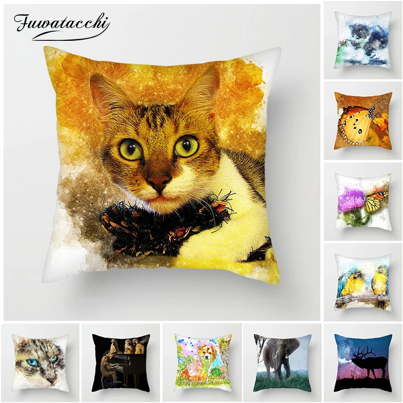 

Fuwatacchi Cute Cat Dog Cushion Cover Watercolor Painted Tiger Eagle Pillow Covers Chair Sofa Home Decoration Animal Pillowcases