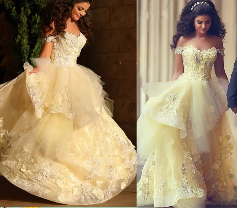 yellow off the shoulder ball gown