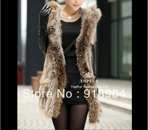 Real natural Genuine knitted Rex Rabbit Fur Vest with raccoon fur collar tassel Women Gilet waistcoat