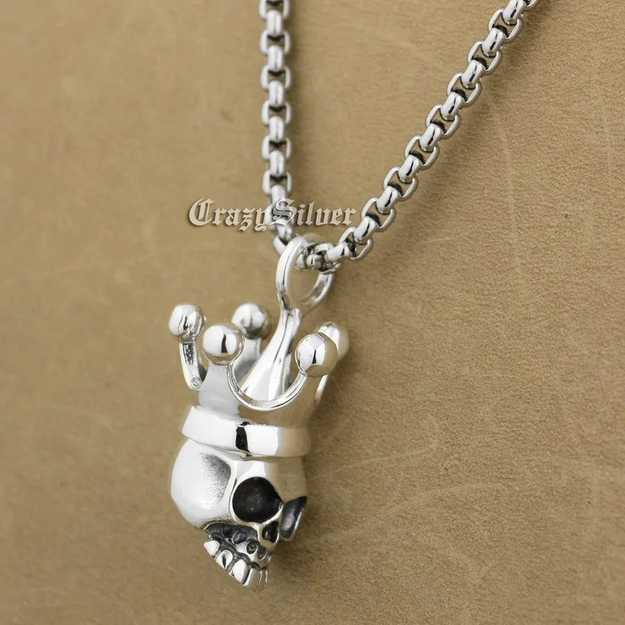 

925 Sterling Silver Skull Crown Mens Biker Pendant 9S009A Steel Necklace 24
