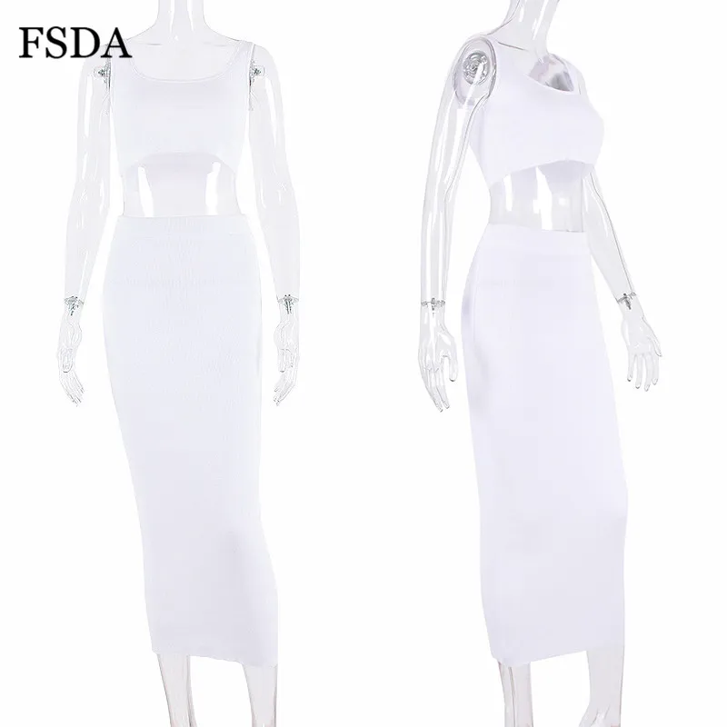 FSDA летний неоновый комплект из двух предметов, без рукавов, с открытой спиной, укороченный топ и юбка миди, облегающий однотонный Повседневный Женский комплект для вечеринки