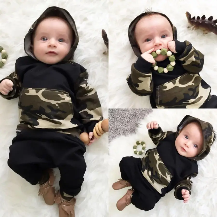 The new 2019 autumn baby boys and girls clothes cap camouflage pants suit clothes cute newborn baby girl clothing