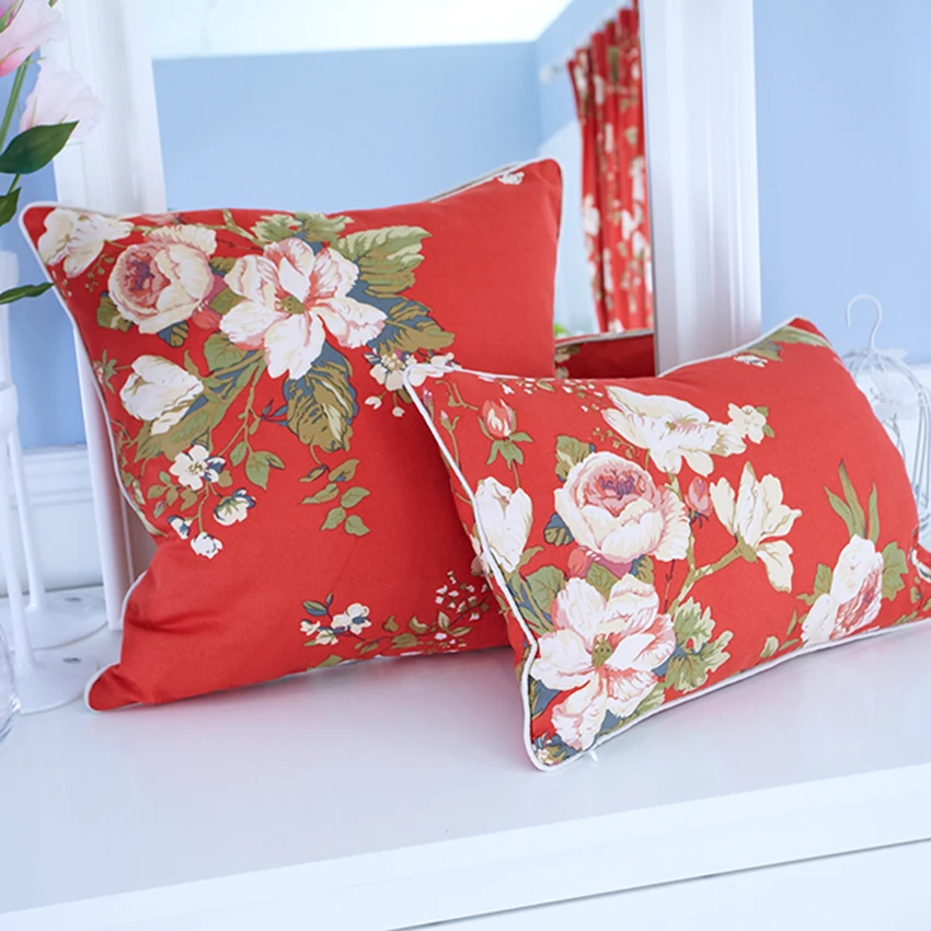 Flowers Decorative Cushion Covers With Piping Cotton Decorative Cushion