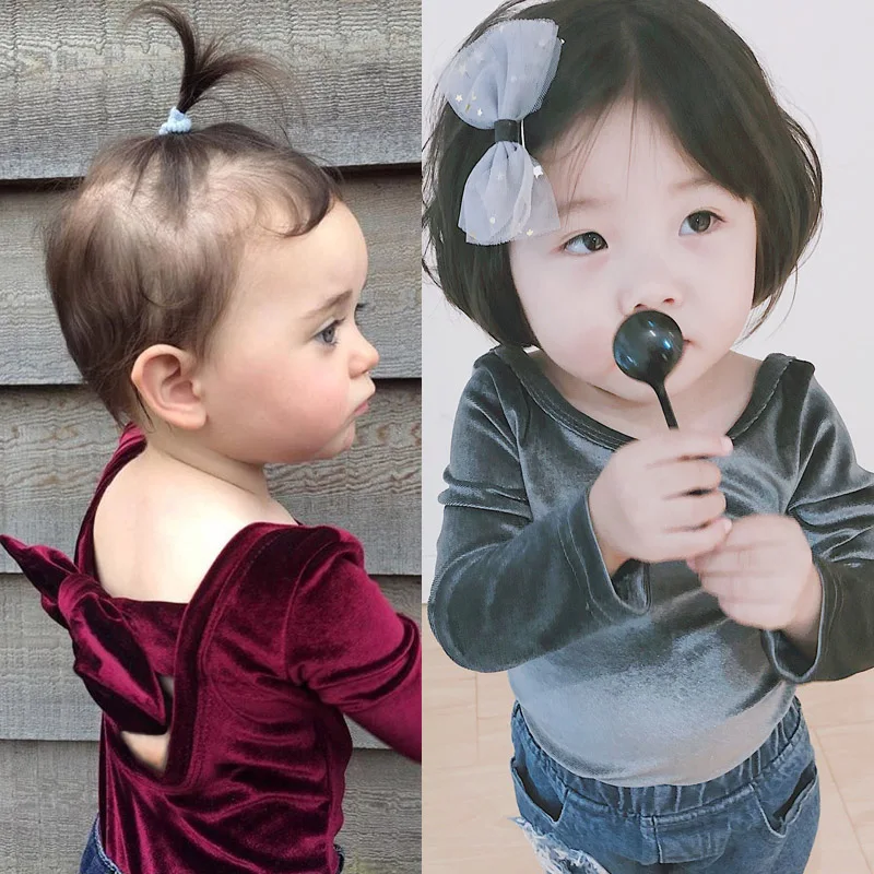 

ANKRT 18 autumn and winter new velvet, big bow, bow tie, girls' long sleeved T-Shirt Baby tights.