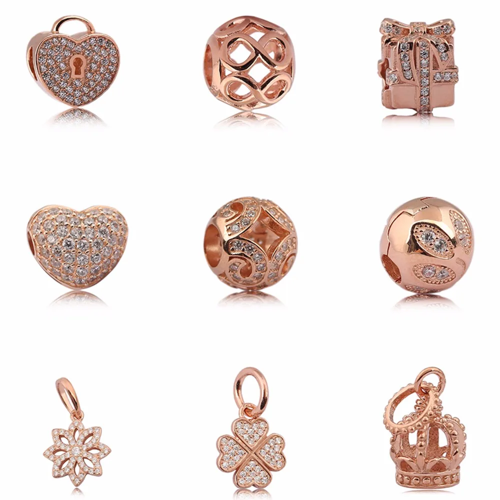 

100% 925 Sterling Silver Charms Rose Gold Flower Charms Fit Original Bracelet Diy Jewelry