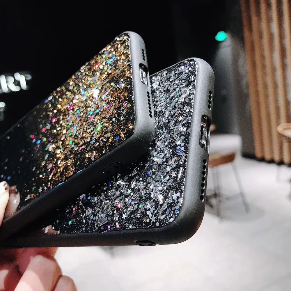 HUANQING Flash powder starry sky gold foil mobile phone shell For iPhone 6 6S 7 7Plus 8 8Plus fashion For XR XS Max luxury Phone case3