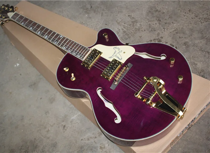 Factory custom Purple semi hollow body electric guitar with Golden