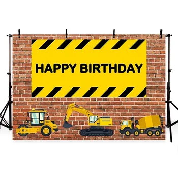 

Vinyl happy Birthday Construction Party Banner Decor Brick Wall Backdrop Dump Truck Boy photo studio prop photocall