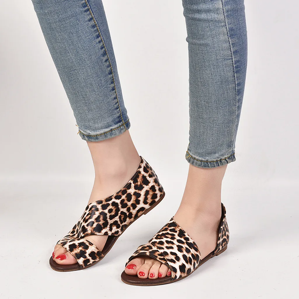 Ladies Leopard Print Slip On Flat Sandals Shoes For Women Summer Slip ...