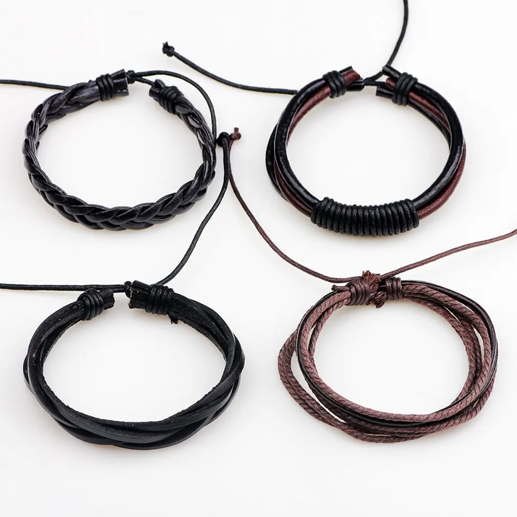 Мужские Винтажные плетеные браслеты из искусственной кожи 4 шт./лот черные