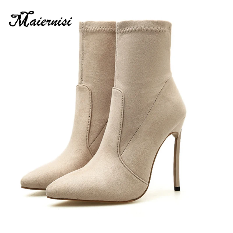 

MAIERNISI Women Sock Boots 2019 Fashion Spring Autumn Stretch Boots Chunky High Heels Pointed Toe Female Shoes