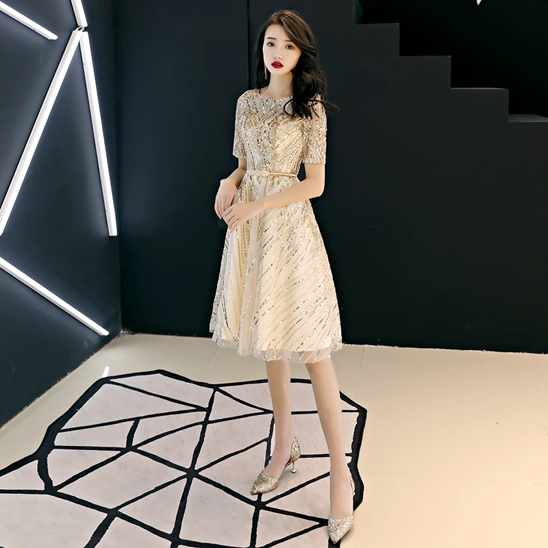 Short Sleeve Champagne Fashion Designer Lace Cocktail Gowns Cocktail Dress WY873 Customized