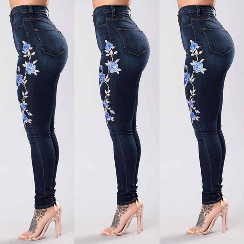 Вышивка цветочный Для женщин Джинсы для женщин Slim Fit Stretch Высокая Талия Карандаши джинсовые штаны узкие женские Мотобрюки Mujer Femme плюс