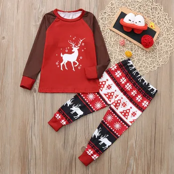 

2018 Autumn Clothes Christmas Family Reindeer Printed Mom Dad Kids Baby Family Matching Clothes Red Christmas Pajamas Set