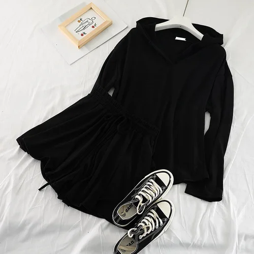 Модный женский комплект из двух предметов, спортивный Свободный Повседневный Топ с капюшоном+ эластичные Широкие штаны, G985 - Цвет: Черный