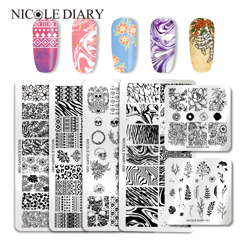 

NICOLE DIARY Rectangle Stamping Plate Nail Stainless Steel Marble Plate Mixed Designs Image Design Nail Art Templates Tools
