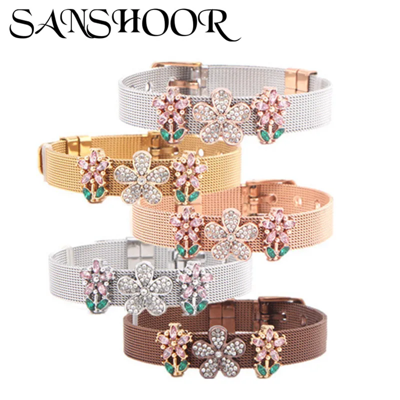 

SANSHOOR Hot Selling 10mm Stainless Steel Mesh Bracelet Bangle with Shining Flower Slides Charms For Women As the Special Gift
