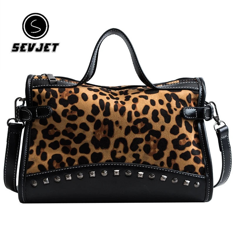 Leopard totes handbag Women Scrub shoulder bag Rivet Fashion 2018