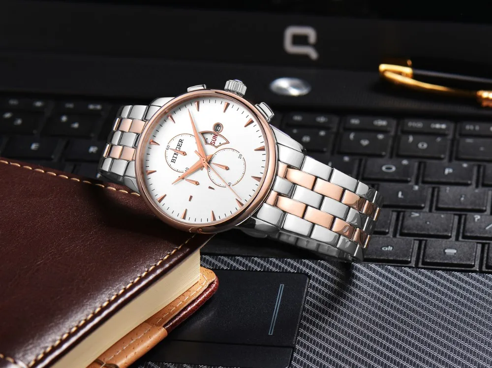 Подлинная Швейцария BINGER бренд мужские из нержавеющей стали бизнес мода сапфир часы мужской кожаный ремешок водонепроницаемый календарь