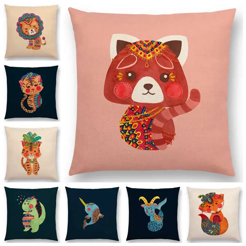 

Newest Cute Cartoon Animals Cushion Cover bohemian Dress Fox Lion Tiger Pillowcase 25 Design Available