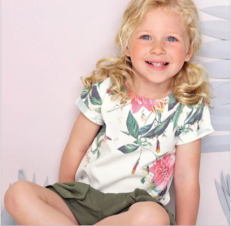 Детская летняя одежда для маленьких девочек, футболка с короткими рукавами и цветочным принтом, хлопковые брендовые футболки
