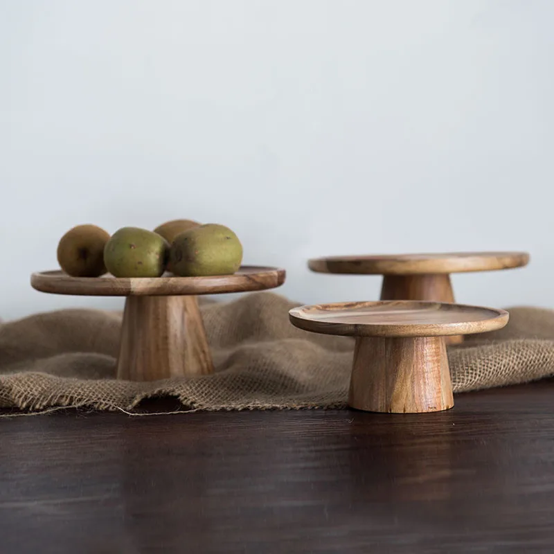 JapanStyleHighStandWoodenCakePlateCreativeFoodServingTraysMultiUseEcoNauralWoodDessertsFruitsTrayHomeDecor