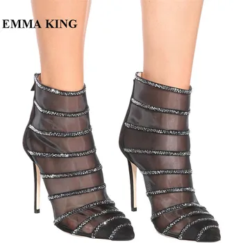 

Designer Bling Rhinestone Mesh Black Boots Women 2019 Luxury Crystal Pointy Toe Womens Ankle Boots High Heels Party Shoes Woman