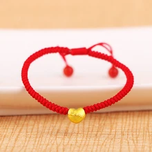 Идеальный реального 24 К желтого золота Для женщин удачи, любви сердце красный вязаный браслет 6." L