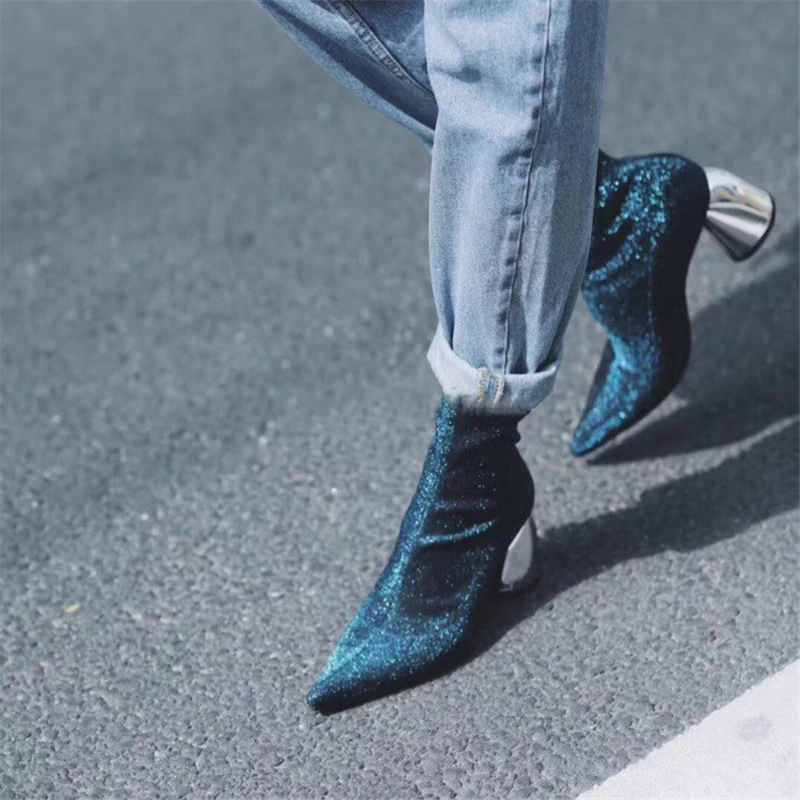 

Ankle Boots Women Shoes 2019 New Boots Soft Stretch Fabric 7cm Block Heel Fashion Shoes Ladies New Autumn Spring Chelsea Boots