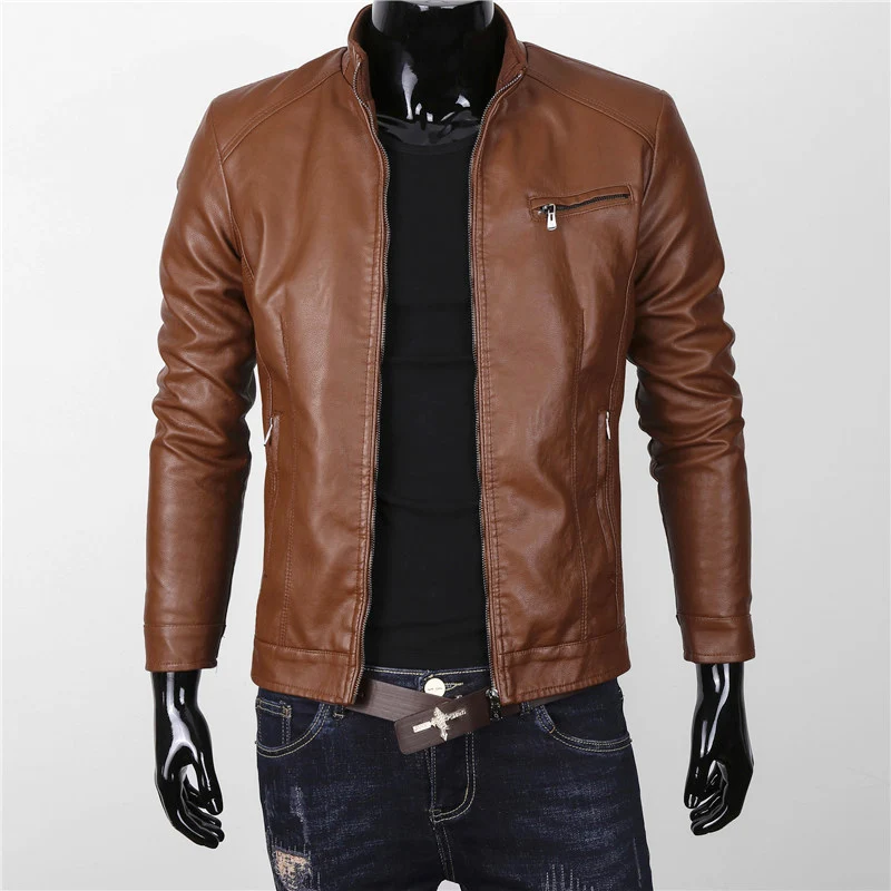  Pure Color Faux Leather Men's Jackets Black Yellow Brown Casual Male Coats Slim Fit Warm Jacket Men