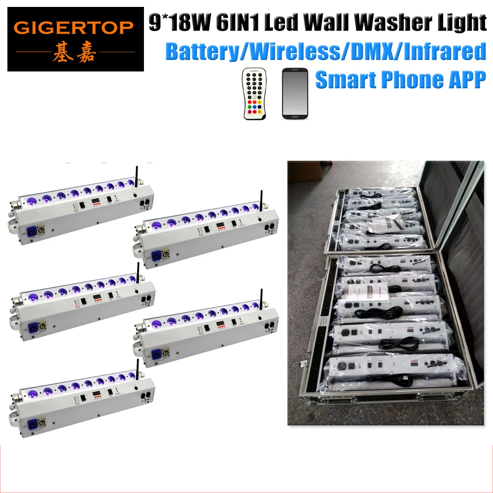 5in1 Chargingable Flightcase Pack 9x18W RGBWA UV Wireless Battery Led Wall Washer Light Air DMX Wifi LED Bar Uplight iOS&Andorid