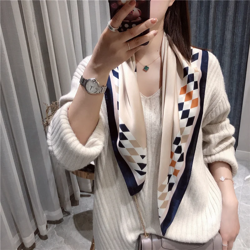

70*70CM 2019NEW design printed Square Scarf Hair Band For Business Women Elegant Vintage Skinny fashionable Head Neck Silk Scarf