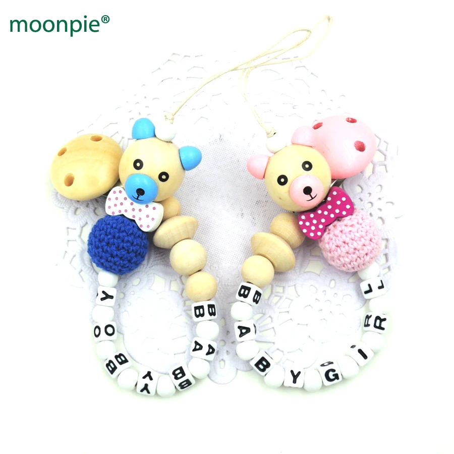 

NEW Wooden Bear beads bow tie customized pacifier for baby natural crochet wood beads baby boy baby girl birth gift toy NT211