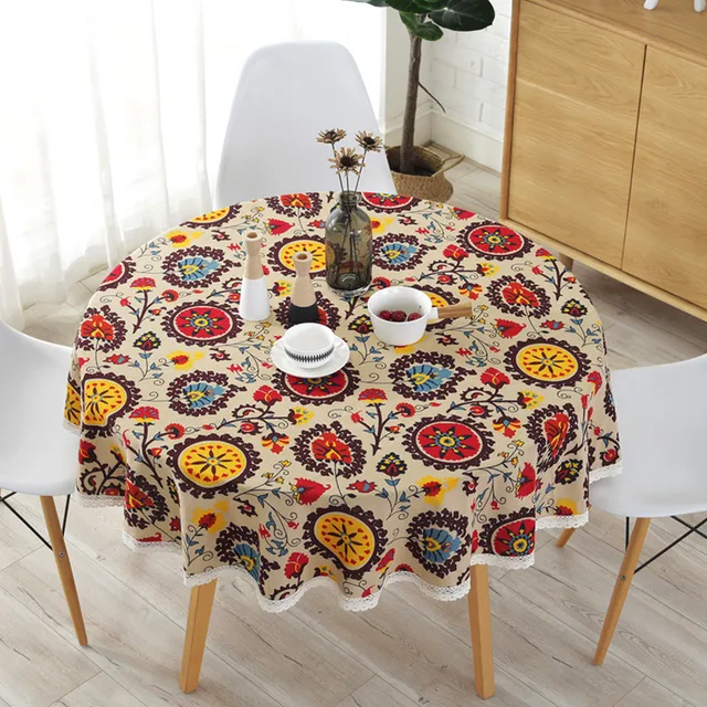 Europe Round Tablecloth With Lace Cotton Colorful Sunflowers Printed Europe Round Tablecloth With Lace Cotton Colorful Sunflowers Printed Table Covers Home Hotel Decorative Cloth