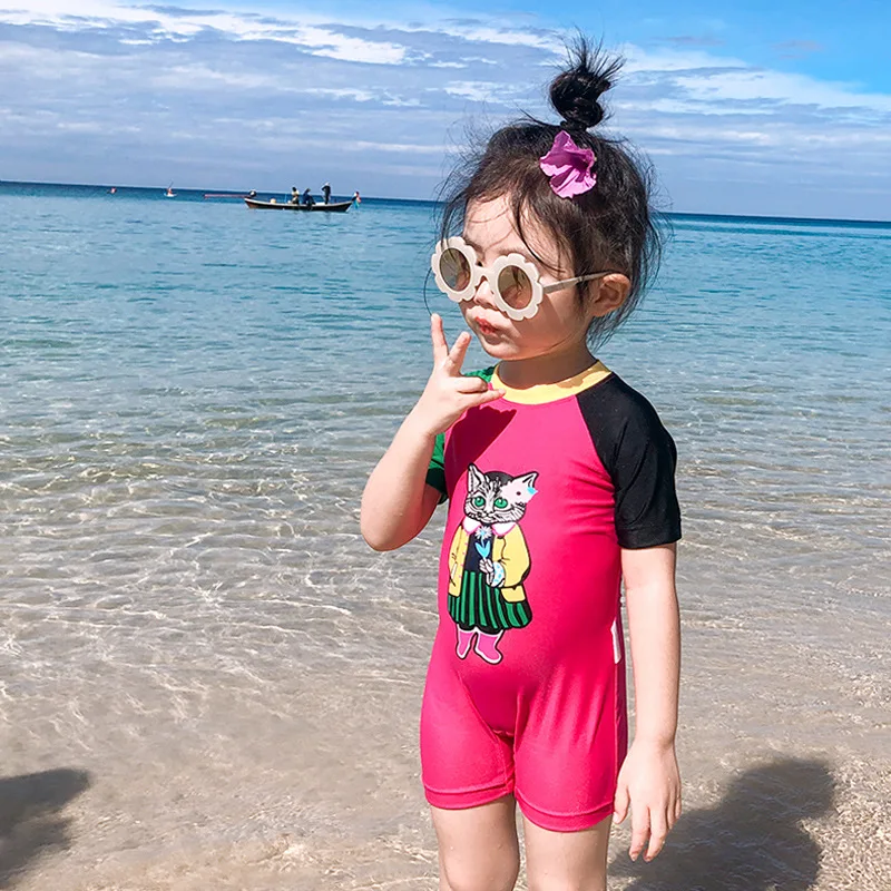 Summer Cartoon Printed Girls Swimsuit Children Sets With Hat For 75-125cm