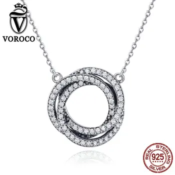 

VOROCO 100% 925 Sterling Silver Pendant Necklace for Women Round Shape AAA Cubic Zirconia Stone Fine Jewelry Wholesale BKN259